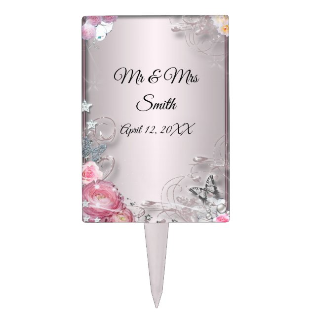 Pink Floral And Butterfly Wedding Cake Topper (Front)