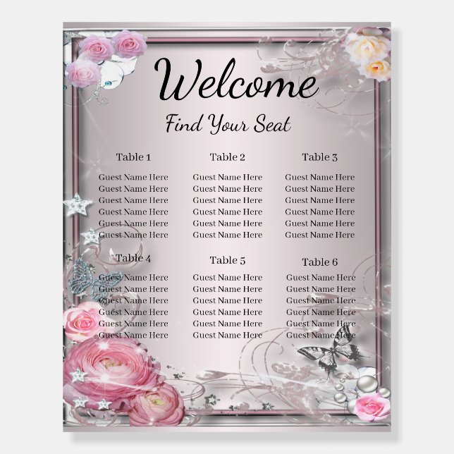 Pink Floral And Butterfly Wedding Seating Chart Foam Board (Front)