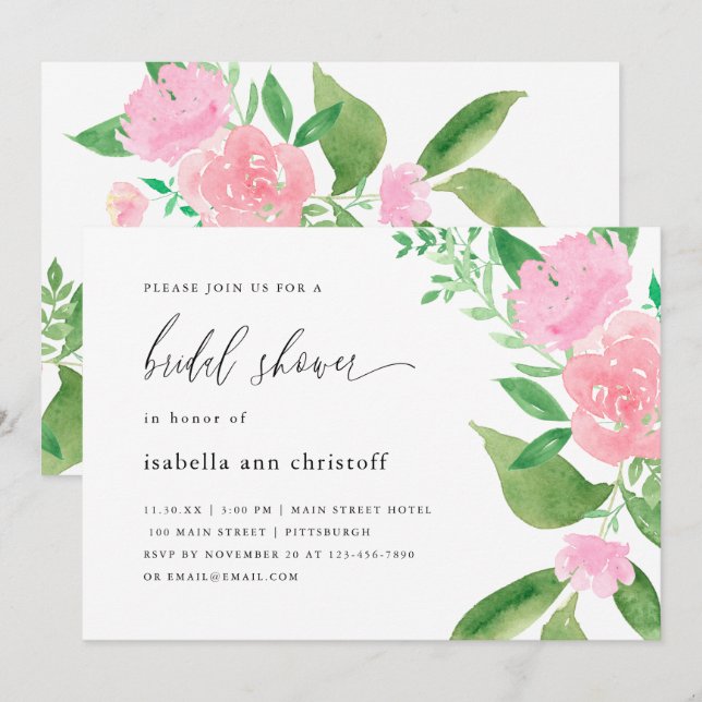 Pink Floral and Calligraphy Wedding Bridal Shower Invitation (Front/Back)