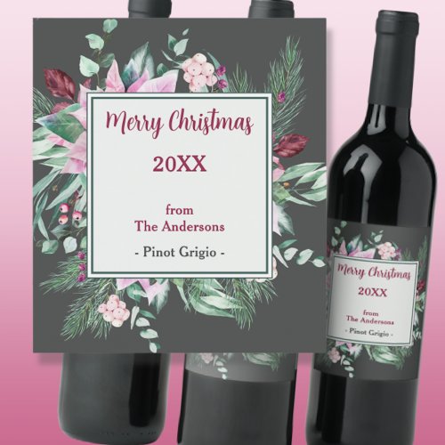 Pink Floral and Charcoal Christmas Wine Label