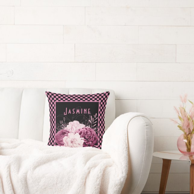 Pink Floral and Checkerboard Personalized Throw Pillow (Couch)