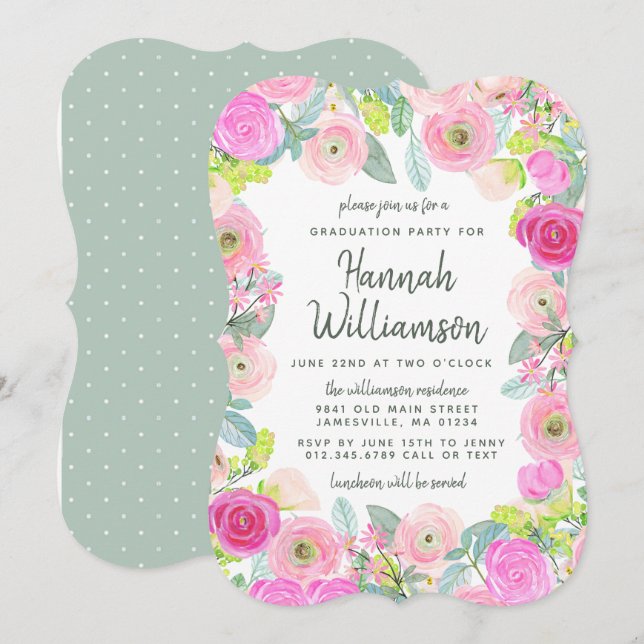 Pink Floral and Dots Graduation Party Invitation (Front/Back)