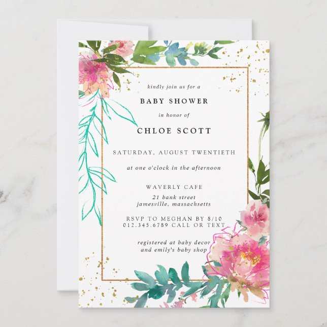 Pink Floral and Gold Elegant Baby Shower Invitation (Front)