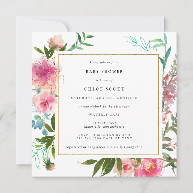 Pink Floral and Gold Elegant Baby Shower Invitation (Front)