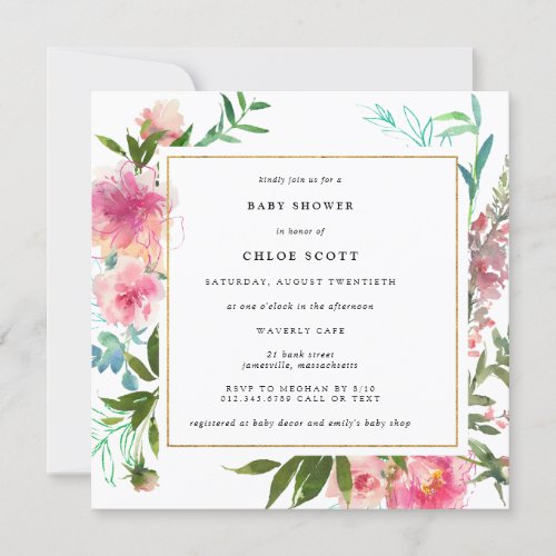 Pink Floral and Gold Elegant Baby Shower Invitation