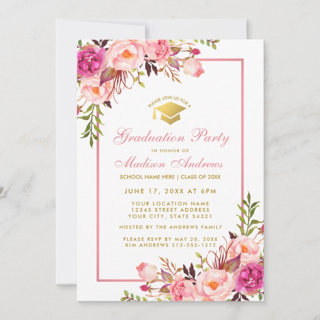 Pink Floral and Gold Graduation Party Invitation P (Front)