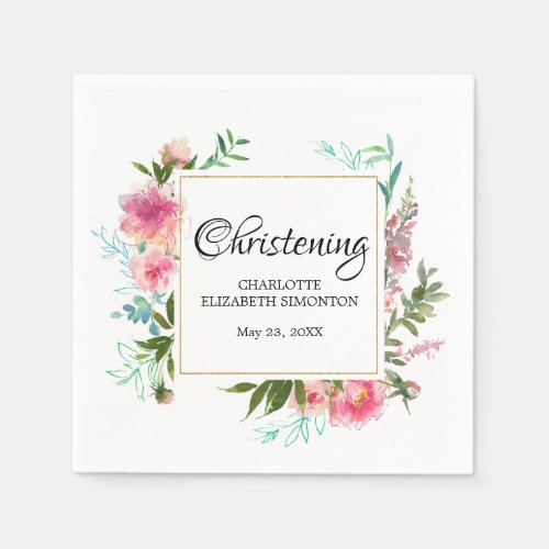 Pink Floral and Gold Personalized Christening Napkins