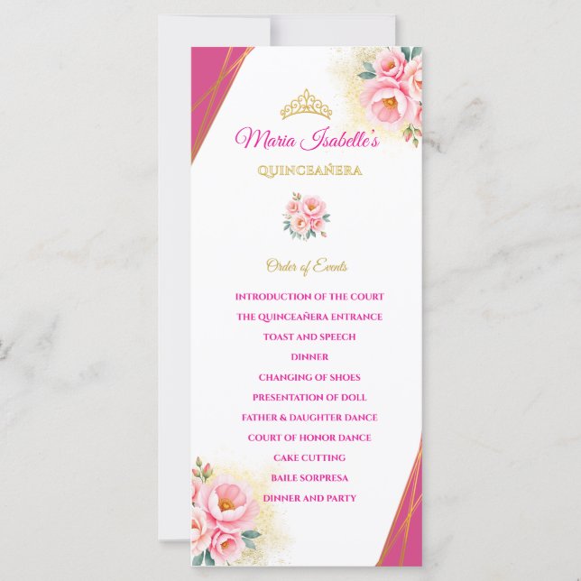 Pink Floral and Gold Quinceañera Order of events (Front)