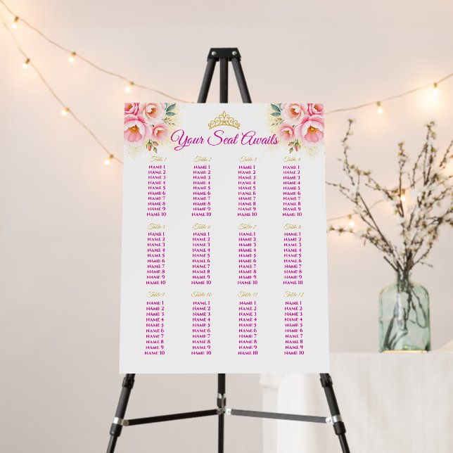 Pink Floral and Gold Quinceañera Seating Chart Foam Board (In Situ (Stand))