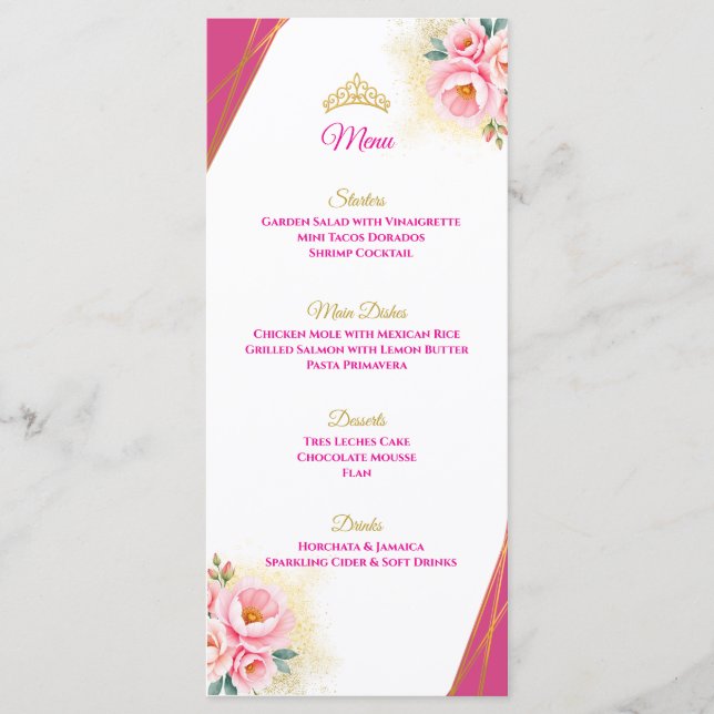 Pink Floral and Gold Quinceañera Table Menu (Front)
