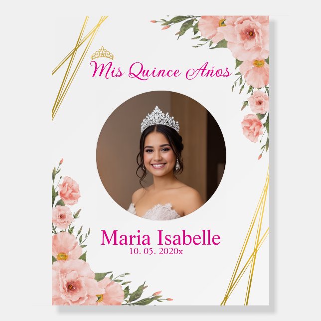 Pink floral and Gold Quinceńera Welcome Sign (Front)
