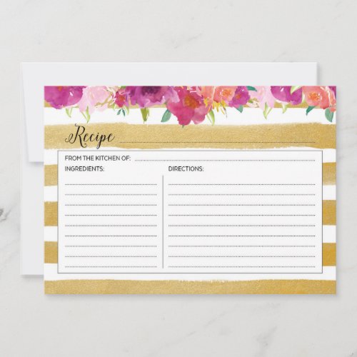 Pink Floral and Gold Recipe Card