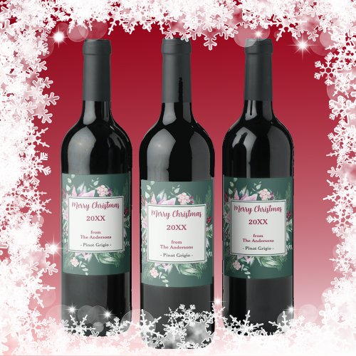 Pink Floral and Green Christmas Wine Label
