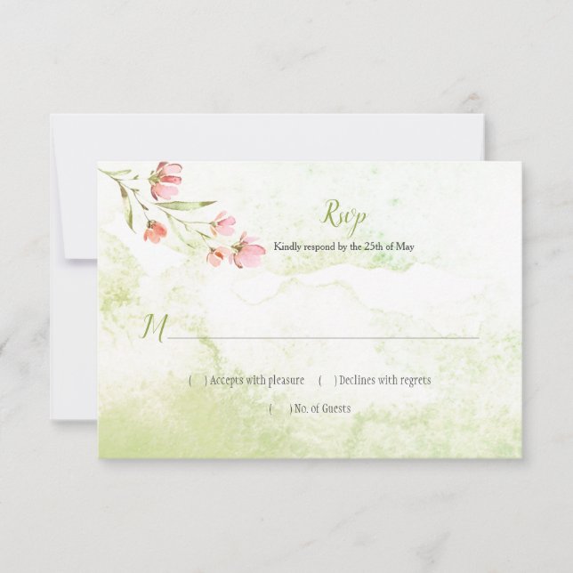 Pink Floral and Green Watercolor Splash RSVP (Front)