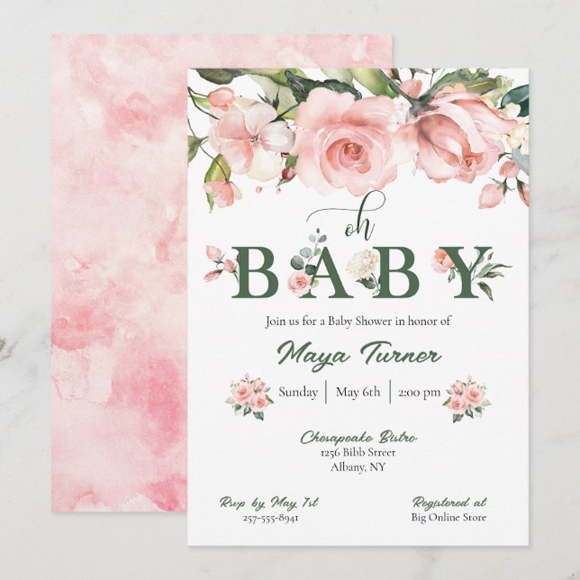 Pink Floral and Greenery Baby Shower Invitation (Front/Back)
