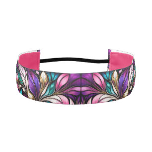 Pink Floral and leaves Stained Glass Look Athletic Headband