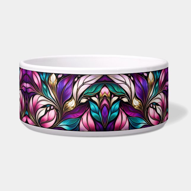 Pink Floral and leaves Stained Glass Look Bowl (Front)