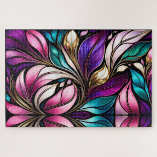 Pink Floral and leaves Stained Glass Look Jigsaw Puzzle