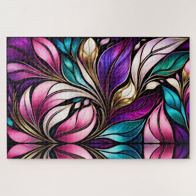 Pink Floral and leaves Stained Glass Look Jigsaw Puzzle (Horizontal)
