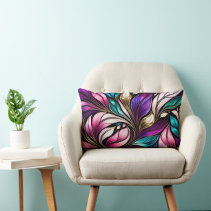 Pink Floral and leaves Stained Glass Look Lumbar Pillow