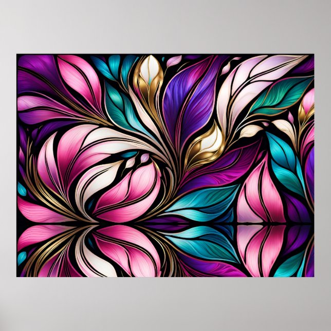 Pink Floral and leaves Stained Glass Look Poster (Front)