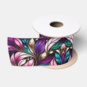 Pink Floral and leaves Stained Glass Look Satin Ribbon