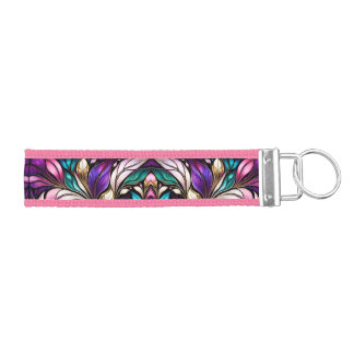 Pink Floral and leaves Stained Glass Look Wrist Keychain