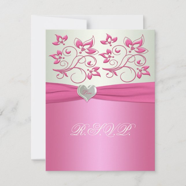 Pink Floral and Pale Green with Love Heart II RSVP Invitation (Front)