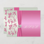 Pink Floral and Pale Green with Love Heart RSVP Invitation (Front/Back)