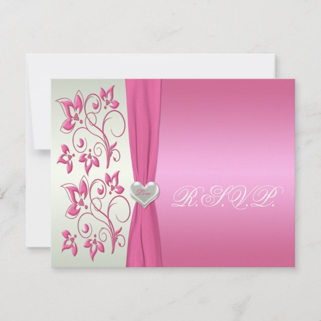 Pink Floral and Pale Green with Love Heart RSVP Invitation (Front)