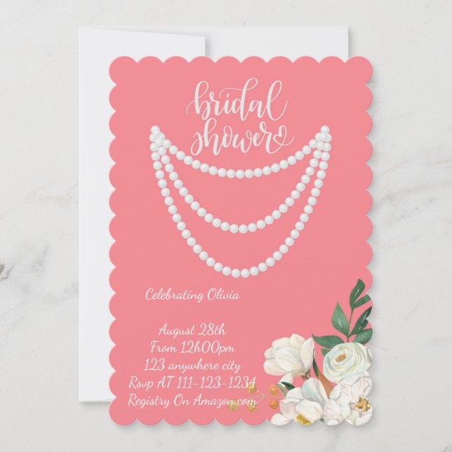 Pink floral and pearl bridal shower invitation  (Front)
