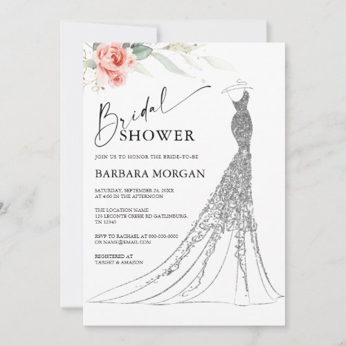 Pink Floral and Silver Wedding Dress Bridal Shower Invitation
