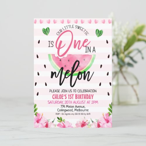 Pink Floral and Stiped One In A Melon 1st Birthday Invitation