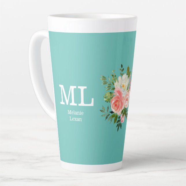 Pink Floral and Teal Monogram    Latte Mug (Left Angle)