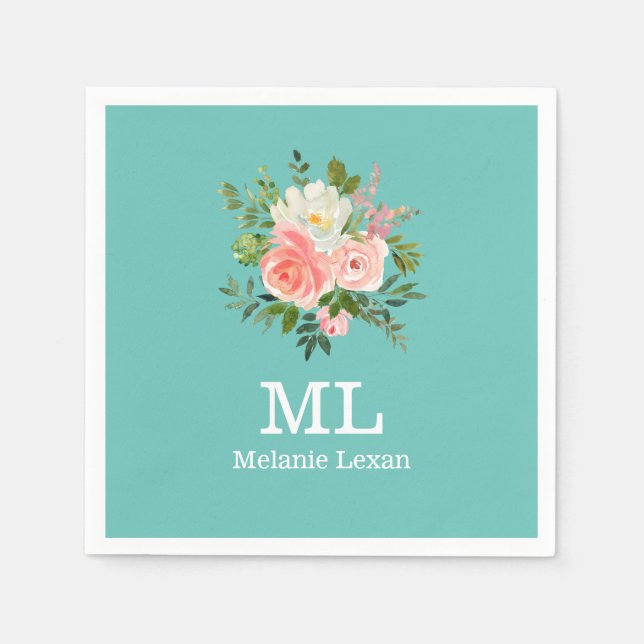 Pink Floral and Teal Monogram  Napkins (Front)
