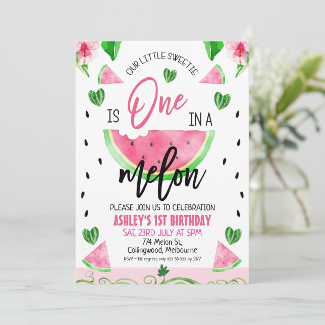 Pink Floral and Vine One In A Melon 1st Birthday Invitation (Standing Front)