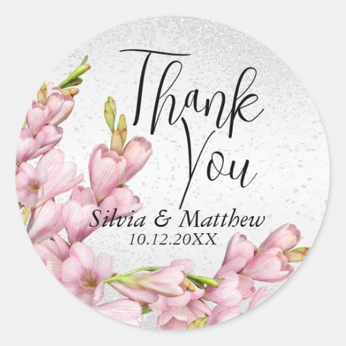 Pink Floral and White Glitter _ Thank You  Classic Round Sticker
