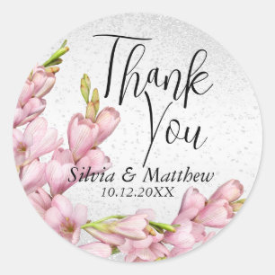 Pink Floral and White Glitter - Thank You Classic Round Sticker