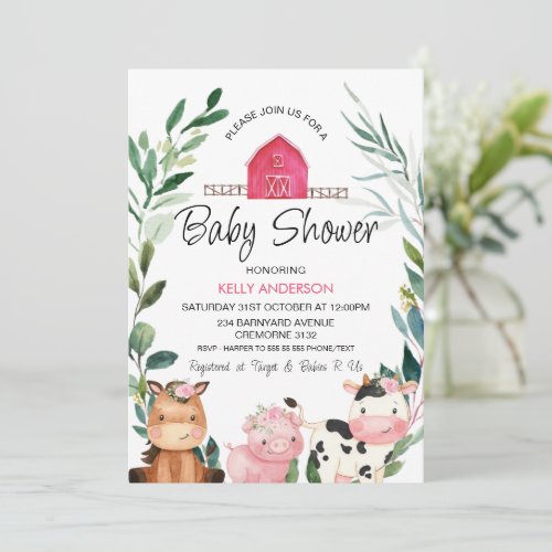 Pink Floral and WreathFarm Animals Baby Shower Invitation