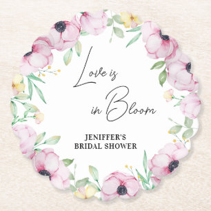 Pink Floral Anemone Bridal Shower Paper Coaster