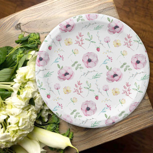 Pink Floral Anemone Bridal Shower Paper Plates