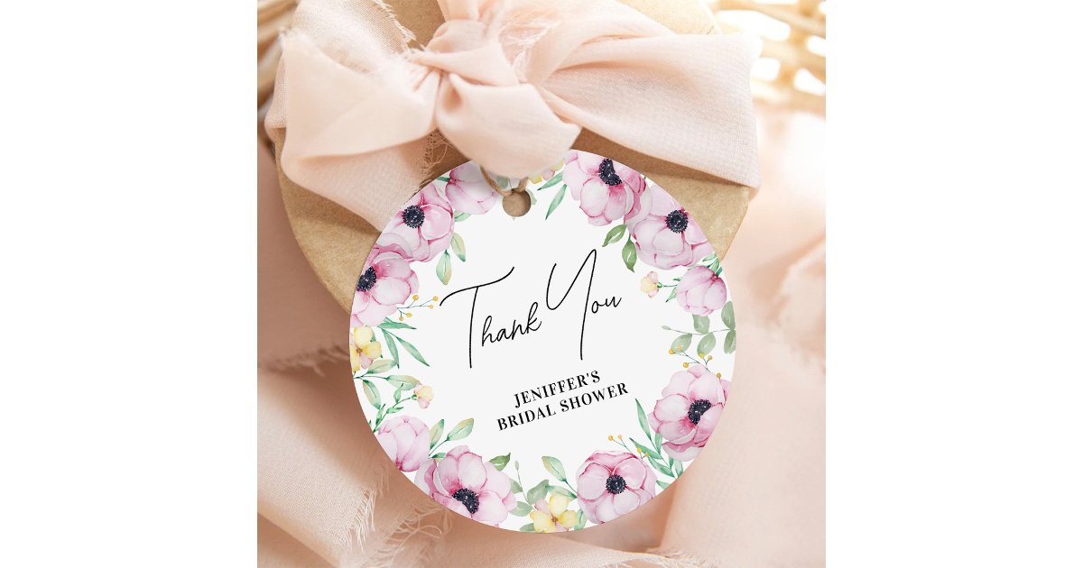 Pink Floral Anemone Bridal Shower Thank You Favor Tags | Zazzle