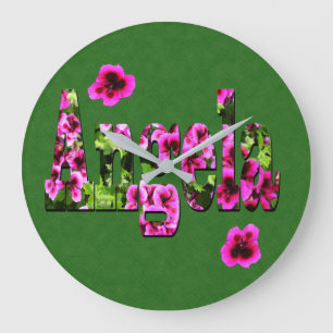 Pink Floral Angela Name Logo, Large Clock