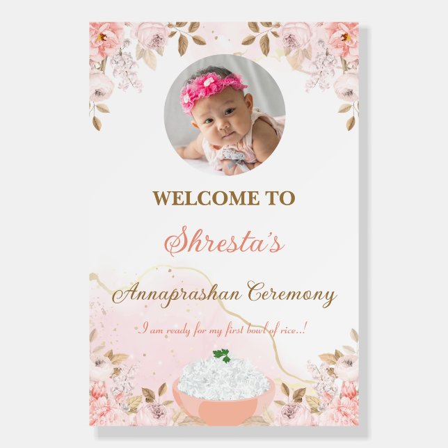 Pink Floral Annaprashan Photo Welcome Sign (Front)