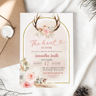 Pink Floral Antlers Bridal Shower The Hunt is Over Invitation