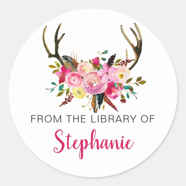 Pink Floral antlers library bookplate + name (Front)