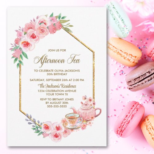 Pink Floral Any Age Afternoon Tea Birthday Invitation