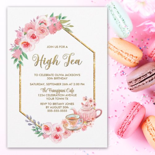 Pink Floral Any Age High Tea Birthday Invitation