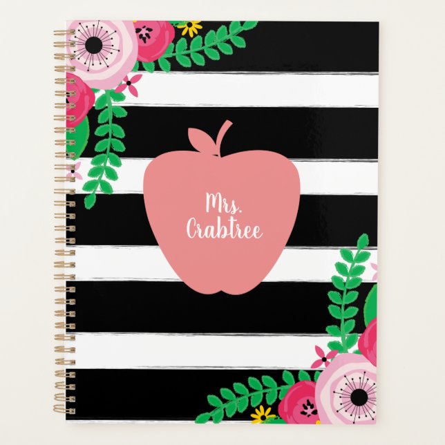Pink Floral Apple Black + White Stripe Teacher Planner (Front)