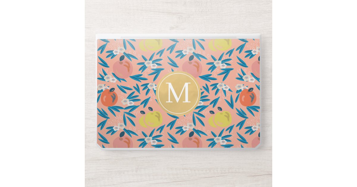 Pink Floral & Apple Pattern Gold Monogram HP Laptop Skin | Zazzle